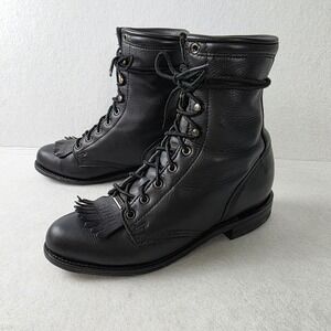 Double-H Black Leather Lace Up Packer Boots with Kiltie Fringe Western Biker 7.5